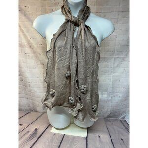Lightweight Beige Scarf Ruffle Edges Flower Appliques Whimsy Romantic Soft Layer